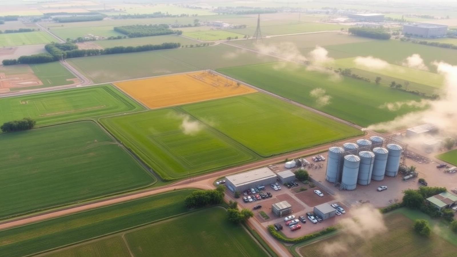 Vista aérea de campos agrícolas e complexo industrial